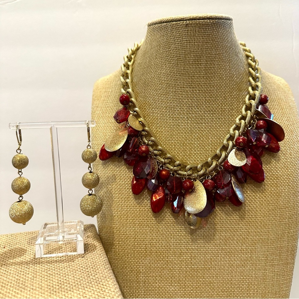 Necklace & Earring set- Brushed gold w/ multiple red acrylic beads